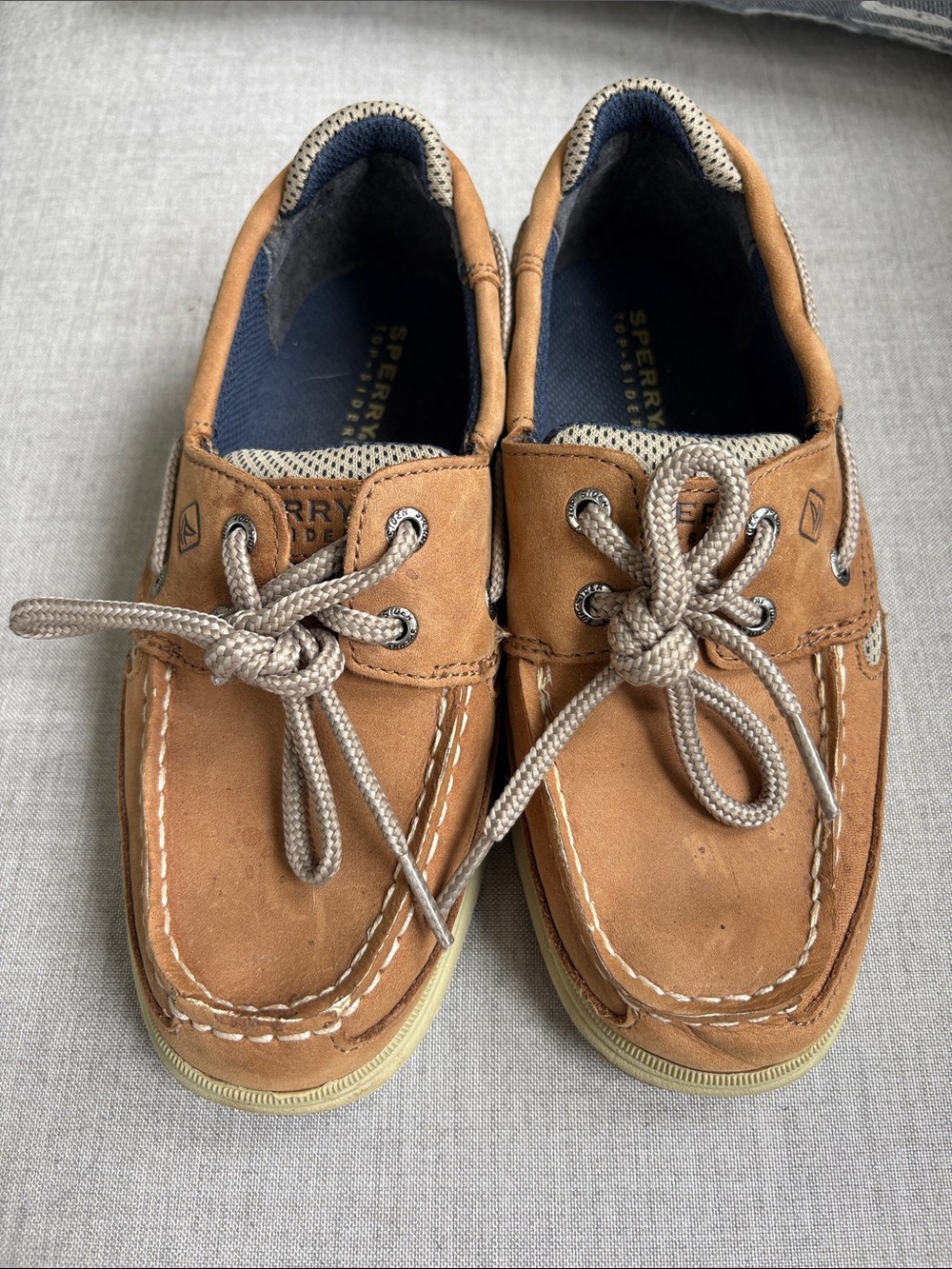 Sperry Kids Tan Leather Moccasin Boat Shoes with Beige Laces